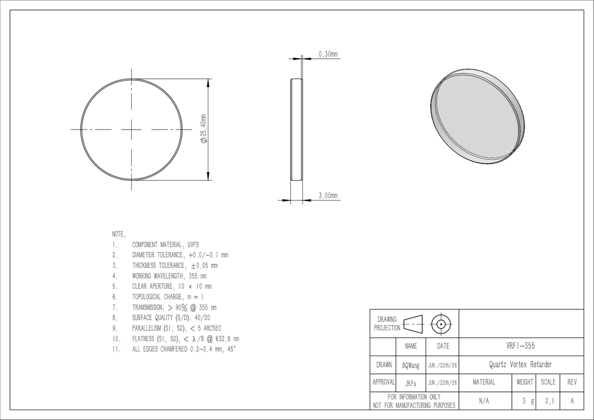LBTEK VRF1-355 Quartz Vortex Retarder 355nm UVFS